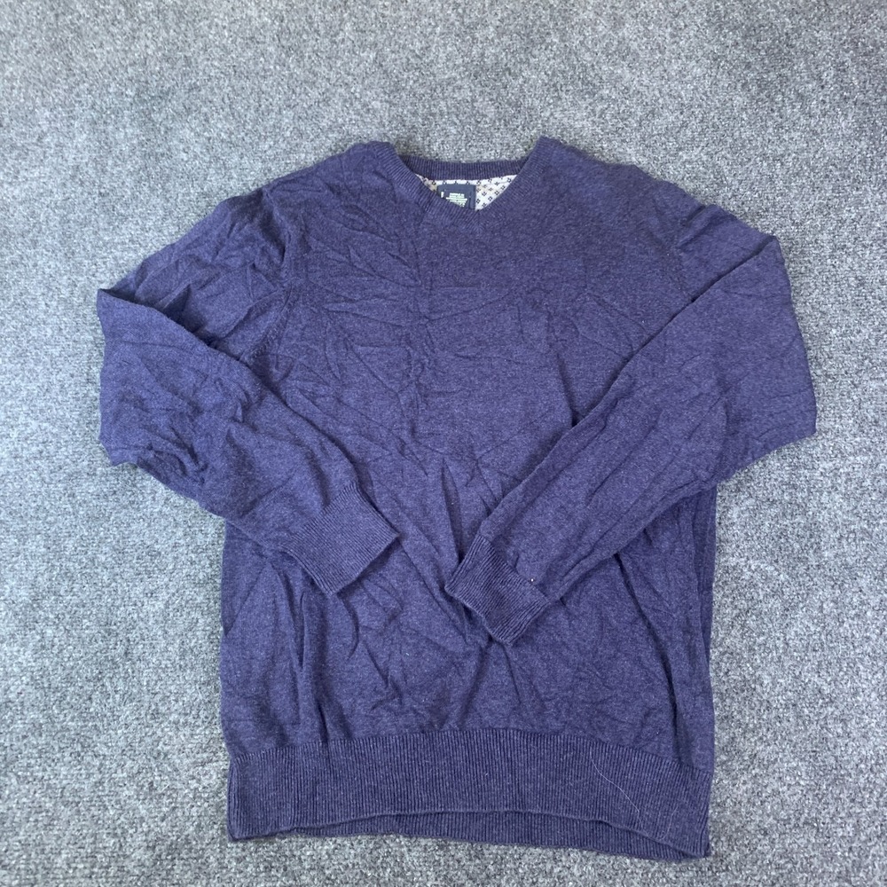 British Khaki Sweater Mens Medium Navy Blue Good V-Neck Ribbed Knit Pullover